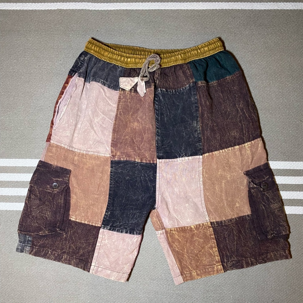 EUC The Little Bazaar Real Patchwork Cargo Shorts Pull On Drawstring Neutral